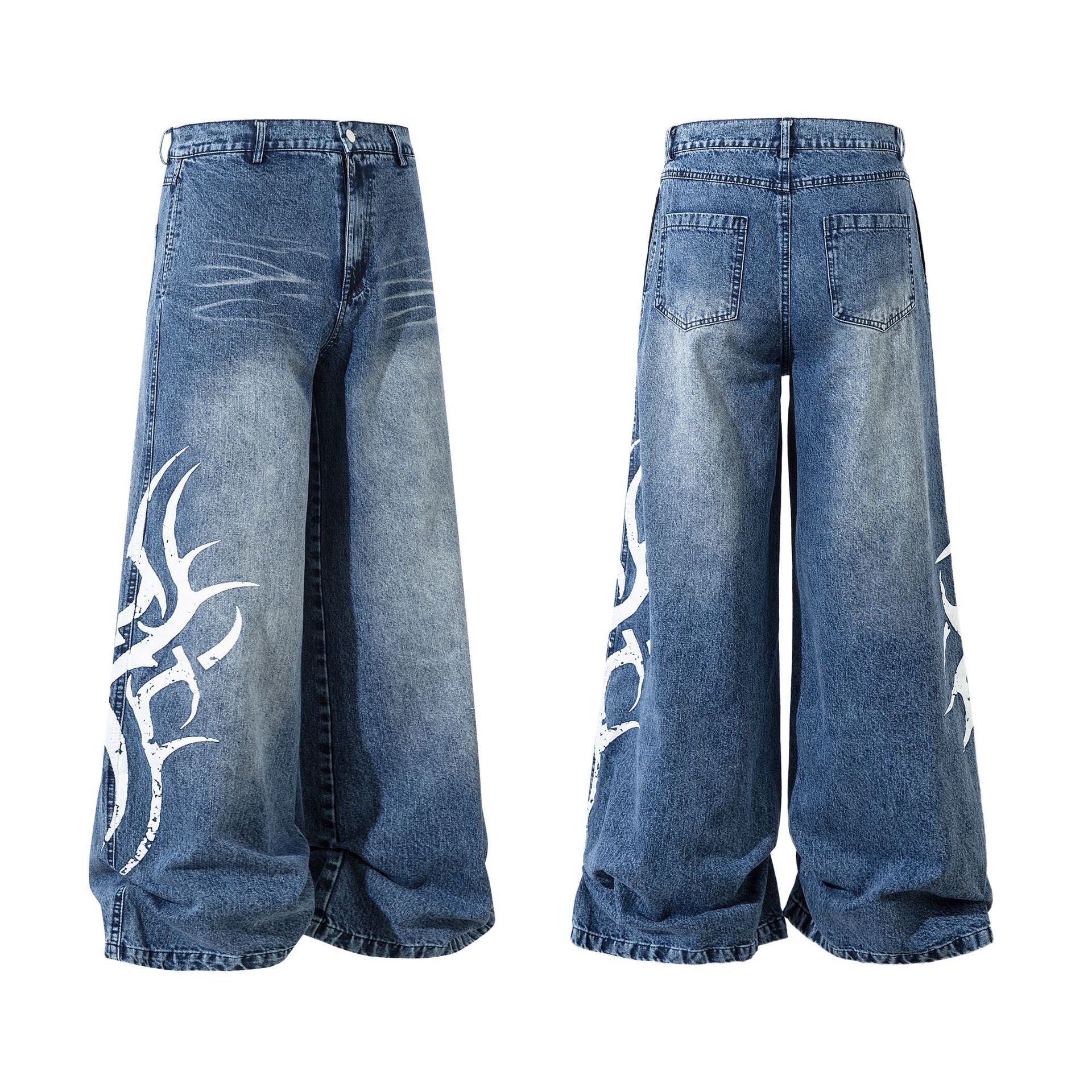 Men'S American-Style High Street Fashionable Thorn Printed Washed Jeans