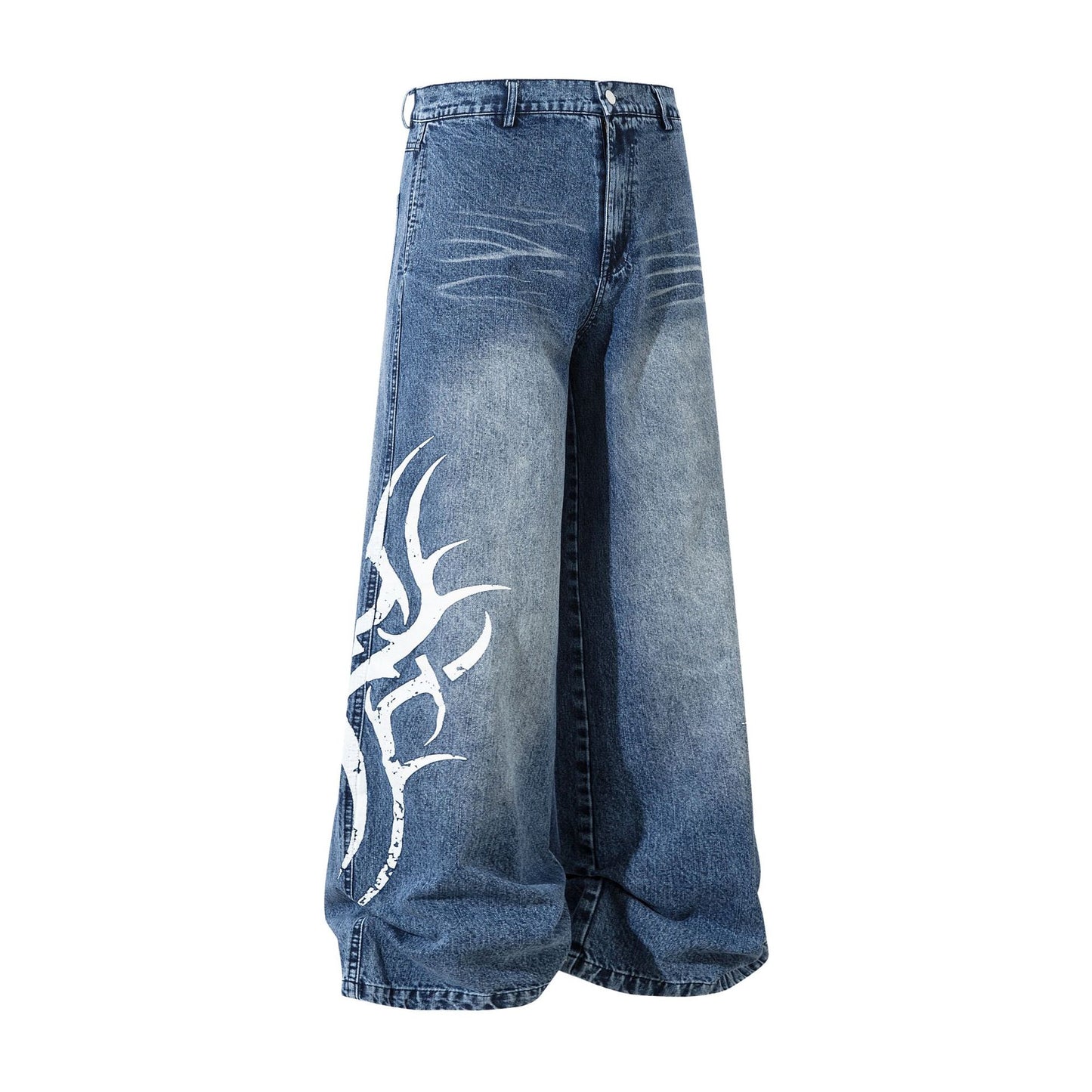 Men'S American-Style High Street Fashionable Thorn Printed Washed Jeans